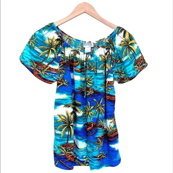 Vintage Bishop St. blouse women's M Hawaiian palm tree ocean tropical aloha top - Picture 1 of 5